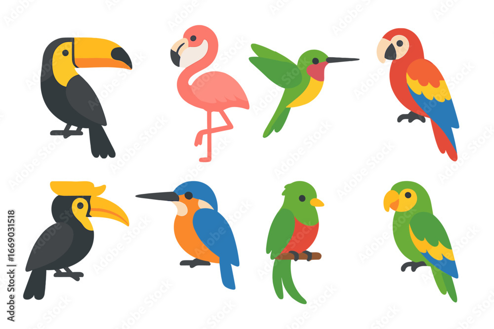 Obraz premium Tropical Bird Icons. Flat vector mini-illustrations tropical birds in colors children's illustrations: toucan, flamingo,