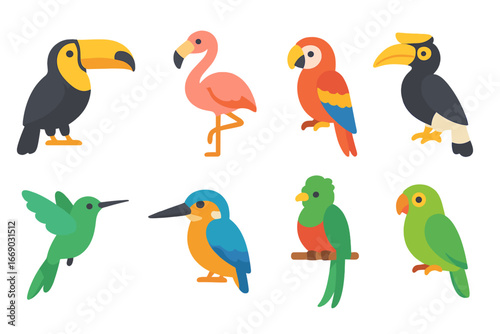 Tropical Birds Children's Icons. Flat vector mini-illustrations tropical birds in colors children's illustrations: toucan,