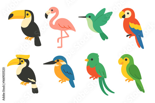 Tropical Bird Icons. Flat vector mini-illustrations tropical birds in colors children's illustrations: toucan, flamingo,
