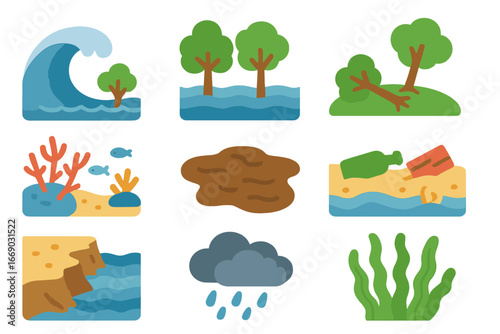 Tsunami Environmental Impact. Flat vector mini-illustrations tsunami and environment in colors children's illustrations: flooded