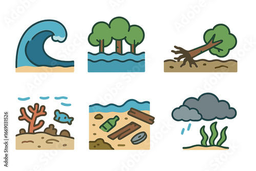Tsunami Environmental Impact. Flat vector mini-illustrations tsunami and environment in colors children's illustrations: flooded