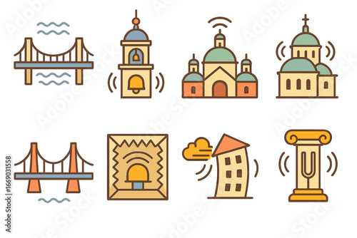 Vibrant Architectural Resonance. Flat vector mini-illustrations resonance in architecture in colors children's illustrations: