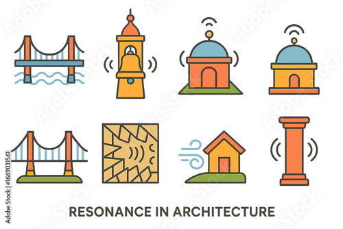 Vibrant Architectural Resonance. Flat vector mini-illustrations resonance in architecture in colors children's illustrations: