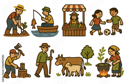 Village Activities Illustrations. Flat vector mini-illustrations village activities in colors children's illustrations: farming,