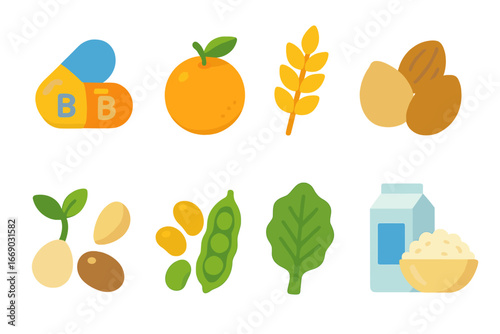 Vitamin Icons for Kids. Flat vector mini-illustrations water-soluble vitamins in colors children's illustrations: vitamin B
