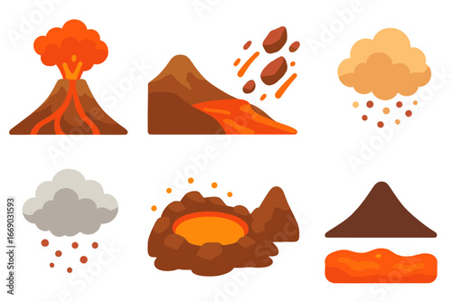 Volcanic Eruption Icons. Flat vector mini-illustrations volcanic explosion in colors children's illustrations: erupting volcano,