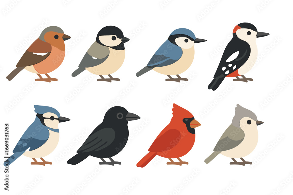 Naklejka premium Winter Birds Icons. Flat vector mini-illustrations winter birds in colors children's illustrations: finch, chickadee, nuthatch,