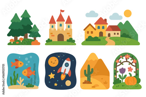 Whimsical Story Worlds. Flat vector mini-illustrations story settings in colors children's illustrations: forest, castle, village,