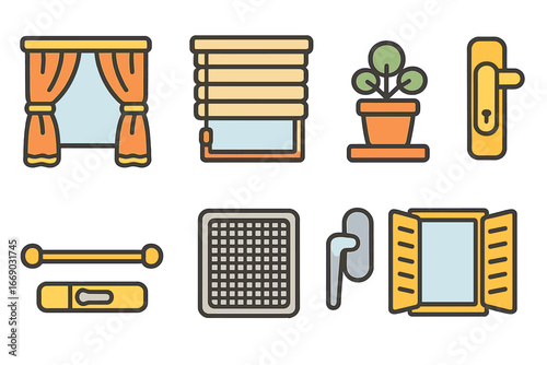 Window Accessories Icons. Flat vector mini-illustrations window accessories in colors children's illustrations: curtains, blinds,