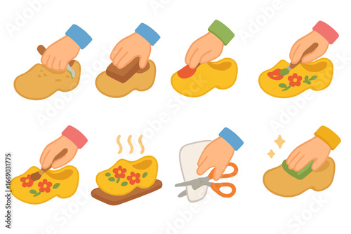 Wooden Shoe Crafting Icons. Flat vector mini-illustrations wooden shoe making in colors children's illustrations: carving wooden