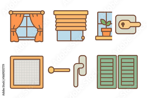 Window Accessories Icons. Flat vector mini-illustrations window accessories in colors children's illustrations: curtains, blinds,