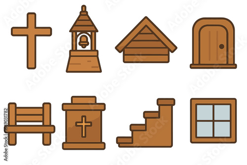 Wooden Church Icons. Flat vector mini-illustrations Traditional wooden church features in colors children's illustrations: wooden
