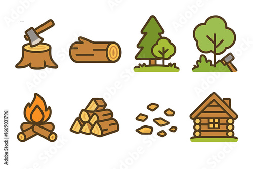 Woodland Icons Collection. Flat vector mini-illustrations axe in nature in colors children's illustrations: tree stump, fallen log