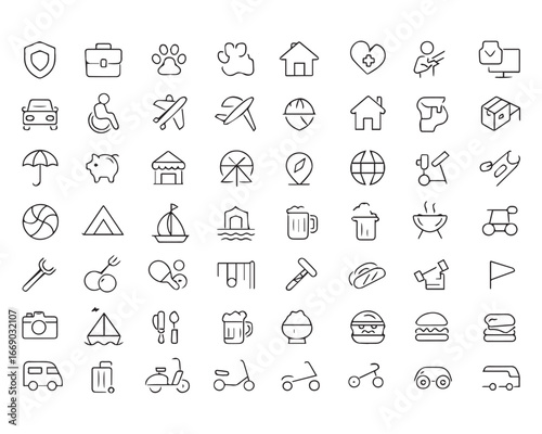 Set of outline icons related to types of insurance. Linear icon collection