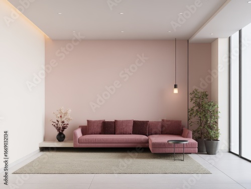A modern living room boasts a stylish sectional sofa in a muted rose hue, accented by a neutral color palette and minimalist decor, creating a serene and inviting atmosphere.