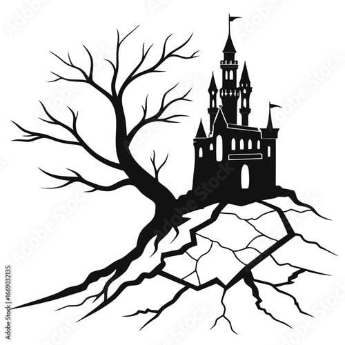 Castle spires glowing inside shattered valley silhouette