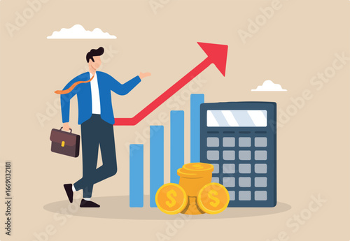 Flat illustration of businessman calculate revenue growth with calculator evaluating profit using chart financial analysis investment earning tax accounting	

