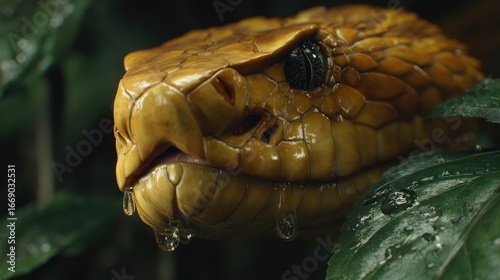 Close-up of a yellow snake nestled among lush green leaves, with water droplets