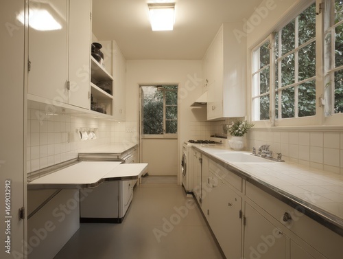 A long, bright kitchen with...