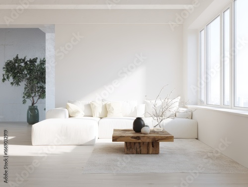 A bright, minimalist living room with a sectional sofa, wooden coffee table, and large windows, showcasing a serene and peaceful atmosphere.
