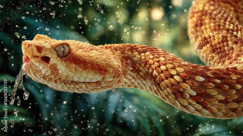 Close-up of an orange rattlesnake head with droplets and blurred green foliage background