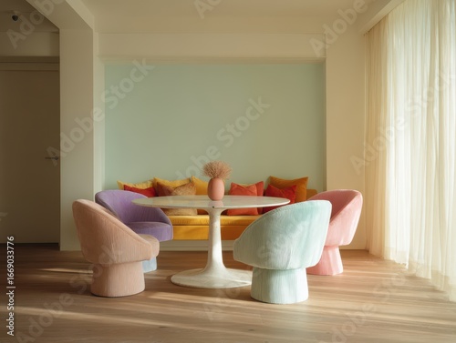 A dining area with pastel-t...