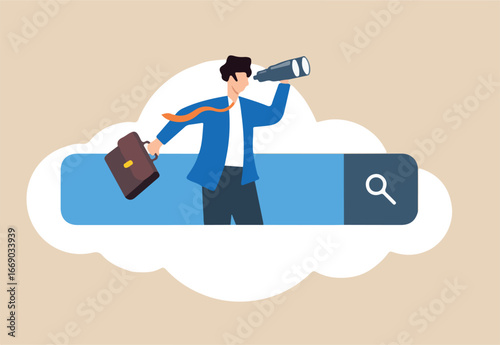 Flat illustration of businessman looks with spyglass binoculars on search bar searching for new job opportunities	

