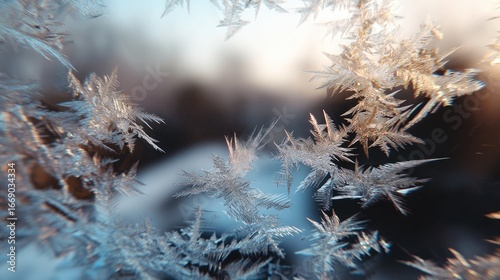 Intricate frost crystals create a stunning display as early morning light reflects off their delicate forms. This natural spectacle showcases winter's beauty through shimmering ice patterns