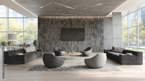 Modern office lounge area with comfortable seating.