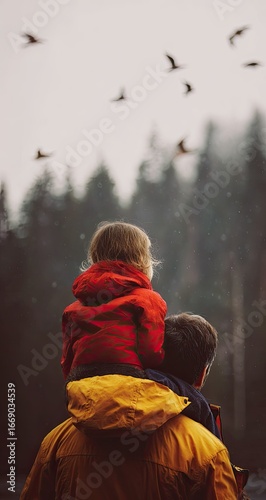 A child sits on their father's shoulders, both wearing outerwear, watching birds fly over a misty forest