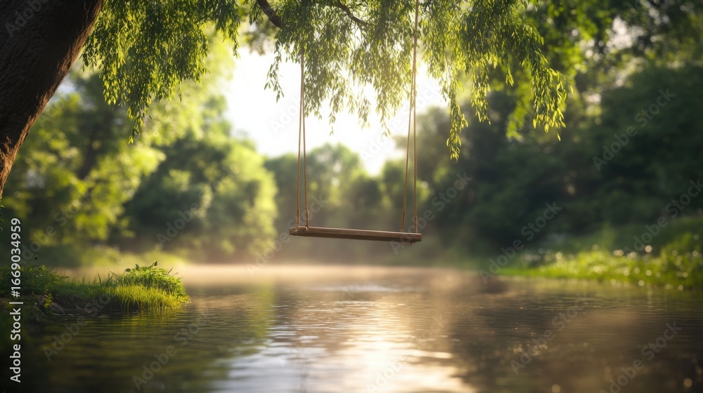 Obraz premium Idyllic riverside swing under lush green trees at sunrise