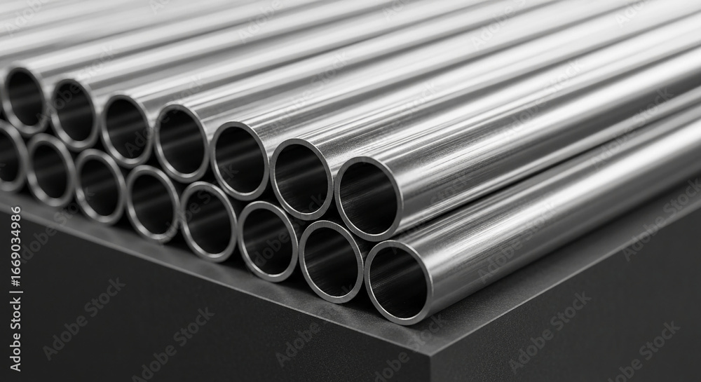 Close-up of metallic tubes neatly stacked on dark surface, showcasing industrial precision and strength, ideal for manufacturing or engineering concepts Close-up of metallic tubes neatly stacked on dark surface, showcasing industrial precision and strength, ideal for manufacturing or engineering concepts