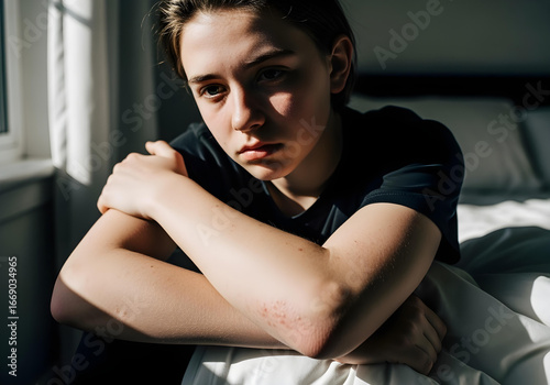Cinematic Portrait of Teen with Skin Condition Sitting Thoughtfully by Window