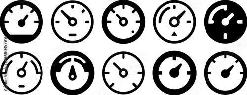 Barometer and Pressure Gauge Icons Set: Round gauge icons for atmospheric pressure and instruments. Ideal for dashboards, weather apps, and technical infographics.