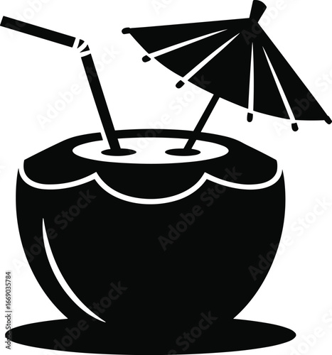 Tropical coconut drink with umbrella and straw silhouette