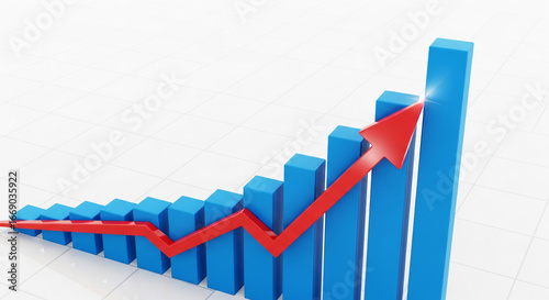 Free Download 3D blue bar graph with red arrow showcasing upward trend, symbolizing growth, success, and positive progress in business or finance - GFXLoad