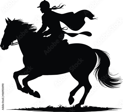Woman riding a horse with a flowing cape silhouette