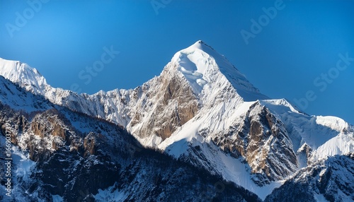 jagged snow capped mountain peak under a clear blue sky