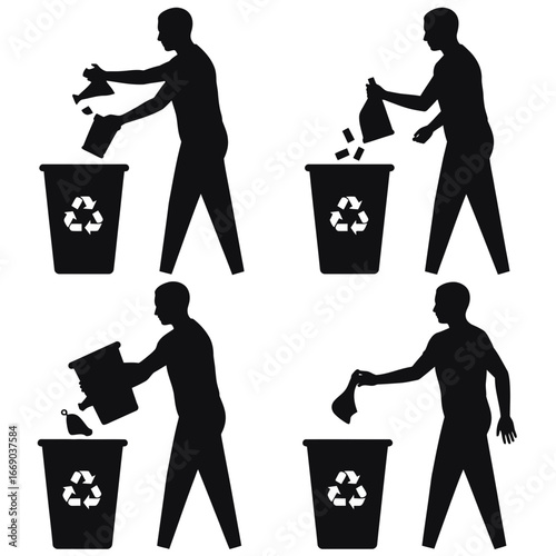 Vector art of set of silhouette illustrations of a man throwing trash into a recycling bin