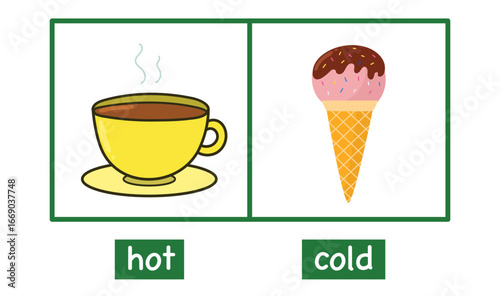 Hot and cold opposite adjectives educational wordcard. Flashcard with a cute bird and a birdhouse for school and preschool. Activity page for kids. Vector illustration
