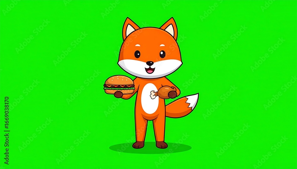 Obraz premium Cute Fox Eating Burger Chicken.