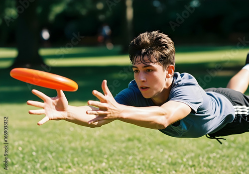 Cinematic Teen Diving to Catch Frisbee in Sunlit Park