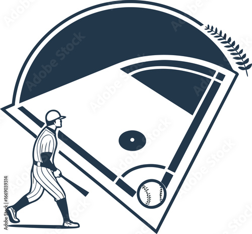 Baseball player running on field with stitched ball and diamond graphic for sports logos