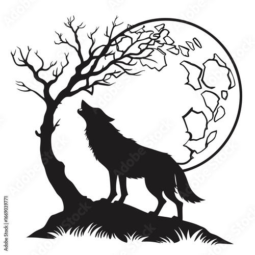 Wolf standing under shattered moon silhouette