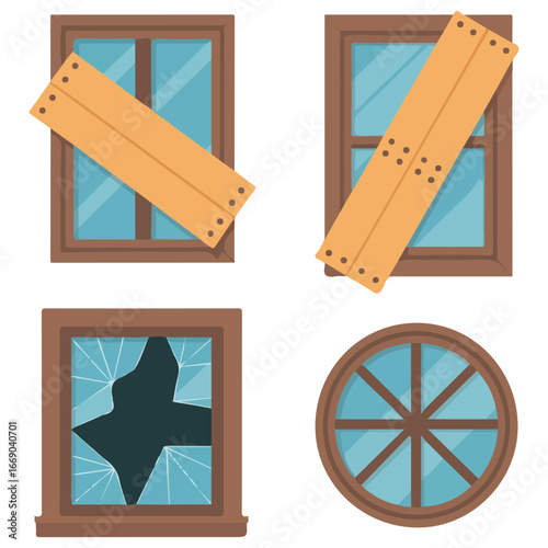 Set broken windows cartoon style broken panes boarded isolated vector illustration on white background
