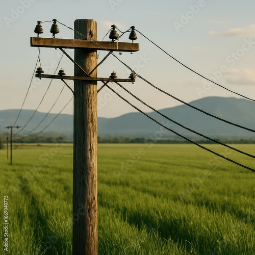 Rural landscape with wooden utility poles and mountain view at sunset
