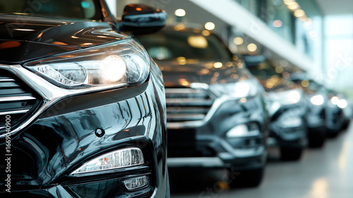 Cars lined up, showcasing shiny exteriors and modern design in a bright, showroom setting.