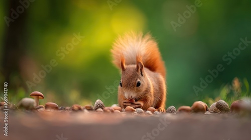 Squirrel eats nuts on a dirt path in a forest, with a blurry green background