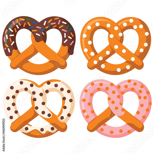 Set sweet pretzels cartoon style colored glaze sprinkles isolated vector illustration on white background