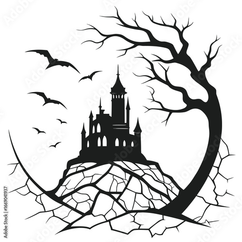 Castle glowing under shattered horizon silhouette